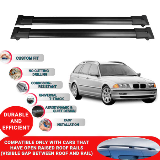 Roof Rack Cross Bars for Bmw 3 Series Estate/Touring E46 1998-2005 ; Compatible with Raised Roof Rails and Roof Bars - 2 Pcs Aluminum Rail Carrier (Black) - Image 2