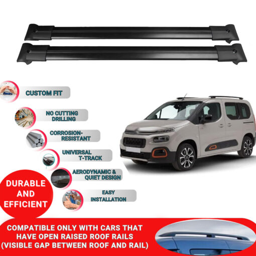 Roof Rack Cross Bars for Citroen Berlingo 3 2019 And Later ; Compatible with Raised Roof Rails and Roof Bars - 4 Pcs Aluminum Rail Carrier (Black) - Image 2