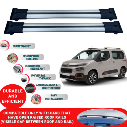 Roof Rack Cross Bars for Citroen Berlingo 3 2019 And Later ; Compatible with Raised Roof Rails and Roof Bars - 2 Pcs Aluminum Rail Carrier (Grey) - Image 2