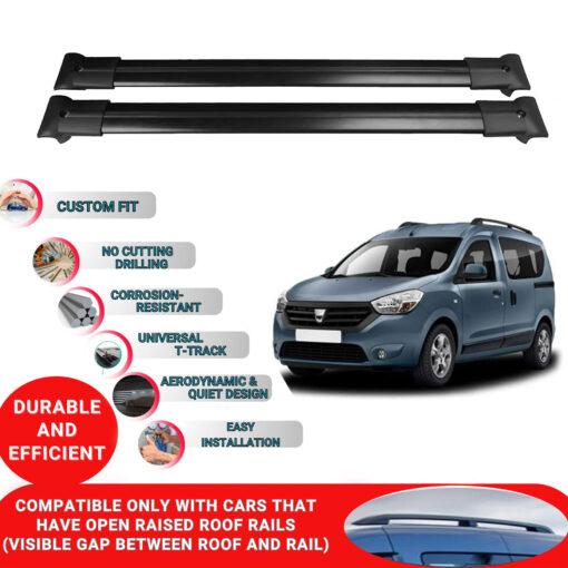 Roof Rack Cross Bars for Dacia Dokker 2012-2023 ; Compatible with Raised Roof Rails and Roof Bars - 2 Pcs Aluminum Rail Carrier (Black) - Image 2