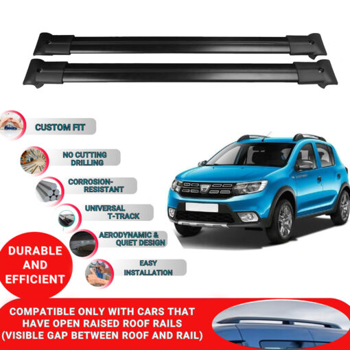 Roof Rack Cross Bars for Dacia Sandero Stepway 2012-2020 ; Compatible with Raised Roof Rails and Roof Bars - 2 Pcs Aluminum Rail Carrier (Black) - Image 2