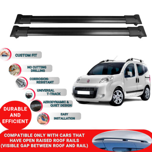 Roof Rack Cross Bars for Fiat Fiorino / Qubo 2007-2023 ; Compatible with Raised Roof Rails and Roof Bars - 2 Pcs Aluminum Rail Carrier (Black) - Image 2