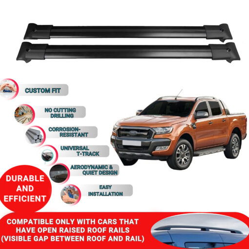 Roof Rack Cross Bars for Ford Ranger 2011-2022 ; Compatible with Raised Roof Rails and Roof Bars - 2 Pcs Aluminum Rail Carrier (Black) - Image 2