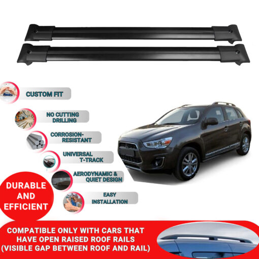 Roof Rack Cross Bars for Mitsubishi Asx 2010-2022 ; Compatible with Raised Roof Rails and Roof Bars - 2 Pcs Aluminum Rail Carrier (Black) - Image 2