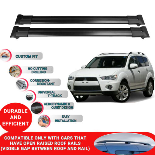 Roof Rack Cross Bars for Mitsubishi Outlander 2 2008-2012 ; Compatible with Raised Roof Rails and Roof Bars - 2 Pcs Aluminum Rail Carrier (Black) - Image 2