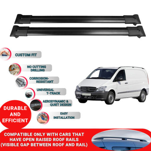 Roof Rack Cross Bars for Mercedes Vito W639 2003-2014 ; Compatible with Raised Roof Rails and Roof Bars - 2 Pcs Aluminum Rail Carrier (Black) - Image 2