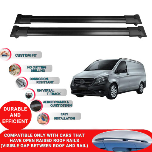 Roof Rack Cross Bars for Mercedes Vito W447 2014-2023 ; Compatible with Raised Roof Rails and Roof Bars - 2 Pcs Aluminum Rail Carrier (Black) - Image 2