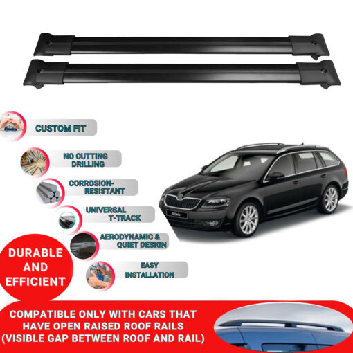 Roof Rack Cross Bars for Skoda Octavia Mk3 Sw 2013-2017 ; Compatible with Raised Roof Rails and Roof Bars - 2 Pcs Aluminum Rail Carrier (Black) - Image 2