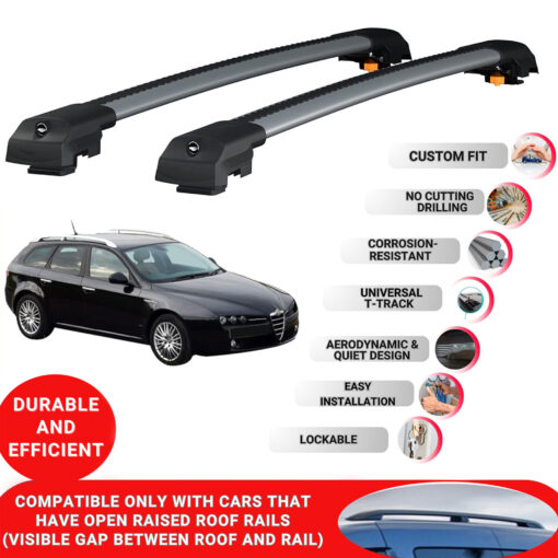 Lockable Roof Bars fit Raised Rails For Alfa Romeo 159 SPORTWAGON (T939) 2006-2011; Heavy Duty Aluminum Roof Rails Cross Bar, Ideal Car Roof Rack Bars for Luggage 2 Pcs Rail Carrier (Grey) - Image 2