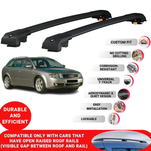 Lockable Roof Bars fit Raised Rails For Audi A4 Avant (B6) 2002-2004; Heavy Duty Aluminum Roof Rails Cross Bar, Ideal Car Roof Rack Bars for Luggage 2 Pcs Rail Carrier (Black) - Image 2