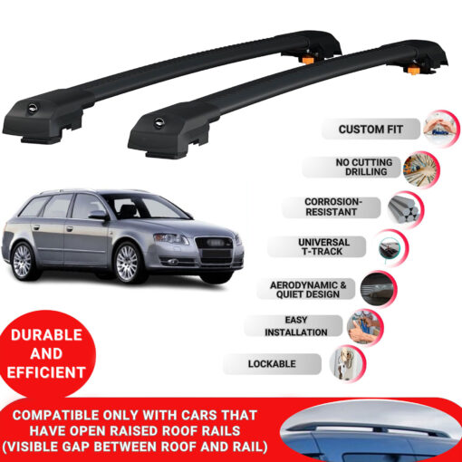 Lockable Roof Bars fit Raised Rails For Audi A4 Avant (B7) 2005-2007; Heavy Duty Aluminum Roof Rails Cross Bar, Ideal Car Roof Rack Bars for Luggage 2 Pcs Rail Carrier (Black) - Image 2