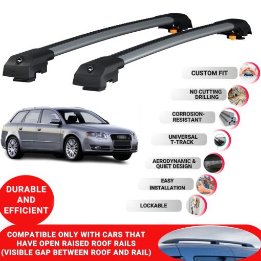 Lockable Roof Bars fit Raised Rails For Audi A4 Avant (B7) 2005-2007; Heavy Duty Aluminum Roof Rails Cross Bar, Ideal Car Roof Rack Bars for Luggage 2 Pcs Rail Carrier (Grey) - Image 2