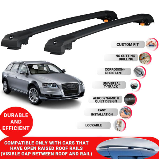 Lockable Roof Bars fit Raised Rails For Audi A6 (C6) Allroad 2006-2011; Heavy Duty Aluminum Roof Rails Cross Bar, Ideal Car Roof Rack Bars for Luggage 2 Pcs Rail Carrier (Black) - Image 2