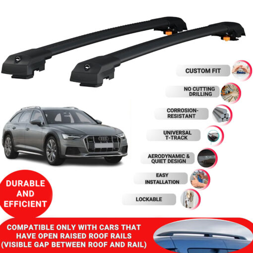 Lockable Roof Bars fit Raised Rails For Audi A6 (C8) Allroad 2019-2024; Heavy Duty Aluminum Roof Rails Cross Bar, Ideal Car Roof Rack Bars for Luggage 2 Pcs Rail Carrier (Black) - Image 2