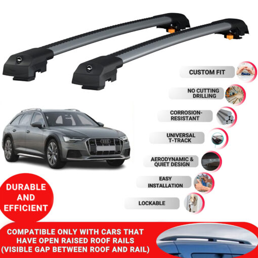 Lockable Roof Bars fit Raised Rails For Audi A6 (C8) Allroad 2019-2024; Heavy Duty Aluminum Roof Rails Cross Bar, Ideal Car Roof Rack Bars for Luggage 2 Pcs Rail Carrier (Grey) - Image 2