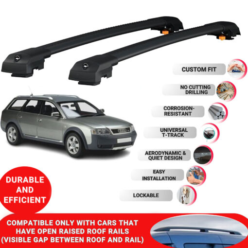 Lockable Roof Bars fit Raised Rails For Audi A6 Allroad (C5) 1999-2005; Heavy Duty Aluminum Roof Rails Cross Bar, Ideal Car Roof Rack Bars for Luggage 2 Pcs Rail Carrier (Black) - Image 2