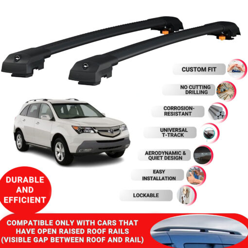 Lockable Roof Bars fit Raised Rails For Acura Mdx (Yd2) 2007-2013; Heavy Duty Aluminum Roof Rails Cross Bar, Ideal Car Roof Rack Bars for Luggage 2 Pcs Rail Carrier (Black) - Image 2