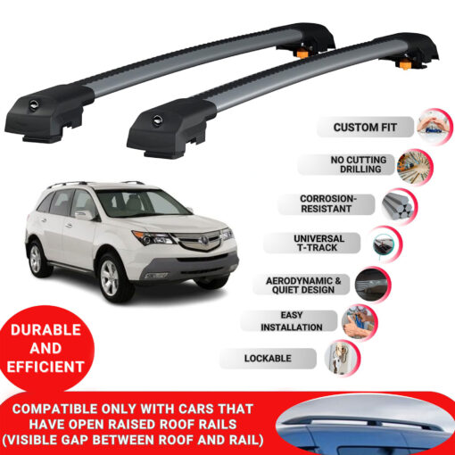 Lockable Roof Bars fit Raised Rails For Acura Mdx (Yd2) 2007-2013; Heavy Duty Aluminum Roof Rails Cross Bar, Ideal Car Roof Rack Bars for Luggage 2 Pcs Rail Carrier (Grey) - Image 2