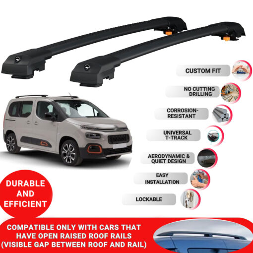 Lockable Roof Bars fit Raised Rails For Citroen Berlingo 2019-2023; Heavy Duty Aluminum Roof Rails Cross Bar, Ideal Car Roof Rack Bars for Luggage 2 Pcs Rail Carrier (Black) - Image 2