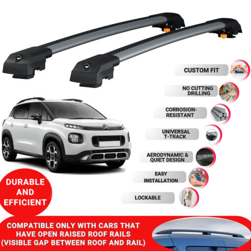 Lockable Roof Bars fit Raised Rails For Citroen C3 Aircross 2018-2024; Heavy Duty Aluminum Roof Rails Cross Bar, Ideal Car Roof Rack Bars for Luggage 2 Pcs Rail Carrier (Grey) - Image 2
