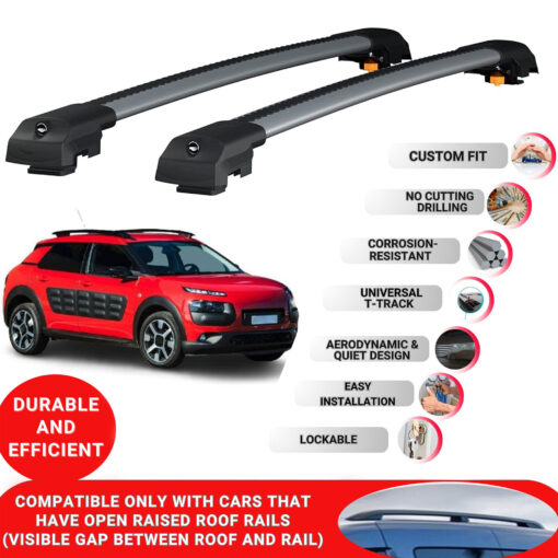 Lockable Roof Bars fit Raised Rails For Citroen C4 Cactus 2014-2021; Heavy Duty Aluminum Roof Rails Cross Bar, Ideal Car Roof Rack Bars for Luggage 2 Pcs Rail Carrier (Grey) - Image 2