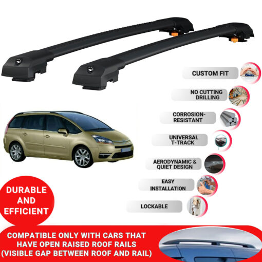 Lockable Roof Bars fit Raised Rails For Citroen C4 Grand Picasso 2006-2013; Heavy Duty Aluminum Roof Rails Cross Bar, Ideal Car Roof Rack Bars for Luggage 2 Pcs Rail Carrier (Black) - Image 2