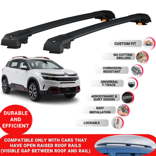 Lockable Roof Bars fit Raised Rails For Citroen C5 Aircross 2018-2024; Heavy Duty Aluminum Roof Rails Cross Bar, Ideal Car Roof Rack Bars for Luggage 2 Pcs Rail Carrier (Black) - Image 2