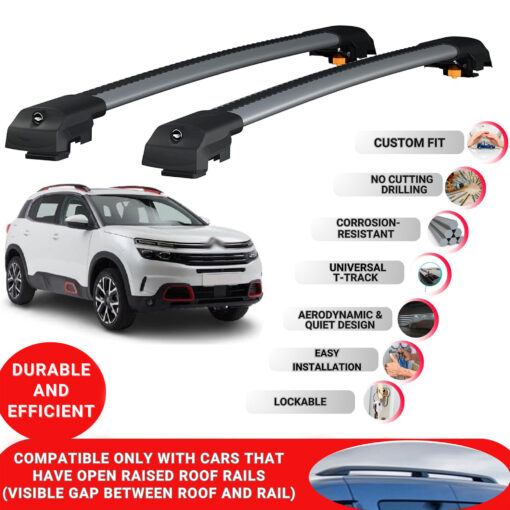 Lockable Roof Bars fit Raised Rails For Citroen C5 Aircross 2018-2024; Heavy Duty Aluminum Roof Rails Cross Bar, Ideal Car Roof Rack Bars for Luggage 2 Pcs Rail Carrier (Grey) - Image 2