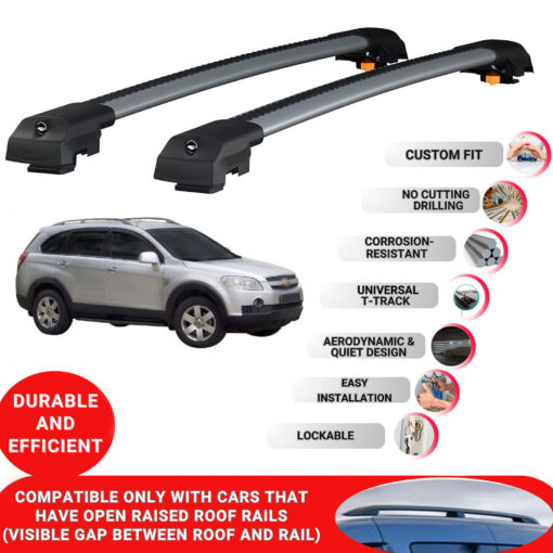 Lockable Roof Bars fit Raised Rails For Chevrolet Captiva 2006-2018; Heavy Duty Aluminum Roof Rails Cross Bar, Ideal Car Roof Rack Bars for Luggage 2 Pcs Rail Carrier (Grey) - Image 2