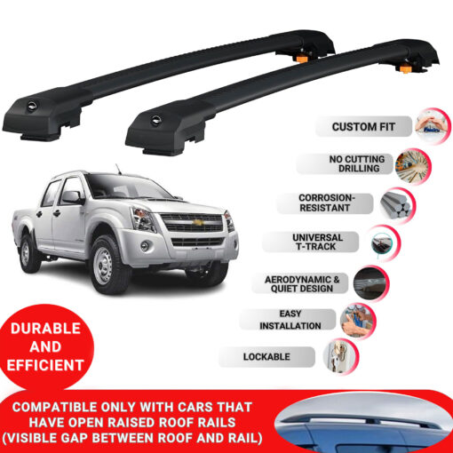 Lockable Roof Bars fit Raised Rails For Chevrolet D-Max (Rt50) 2012-2015; Heavy Duty Aluminum Roof Rails Cross Bar, Ideal Car Roof Rack Bars for Luggage 2 Pcs Rail Carrier (Black) - Image 2