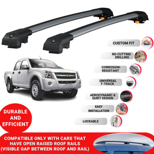 Lockable Roof Bars fit Raised Rails For Chevrolet D-Max (Rt50) 2012-2015; Heavy Duty Aluminum Roof Rails Cross Bar, Ideal Car Roof Rack Bars for Luggage 2 Pcs Rail Carrier (Grey) - Image 2