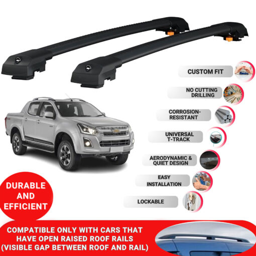 Lockable Roof Bars fit Raised Rails For Chevrolet D-Max (Rt85) 2016-2019; Heavy Duty Aluminum Roof Rails Cross Bar, Ideal Car Roof Rack Bars for Luggage 2 Pcs Rail Carrier (Black) - Image 2