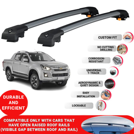 Lockable Roof Bars fit Raised Rails For Chevrolet D-Max (Rt85) 2016-2019; Heavy Duty Aluminum Roof Rails Cross Bar, Ideal Car Roof Rack Bars for Luggage 2 Pcs Rail Carrier (Grey) - Image 2