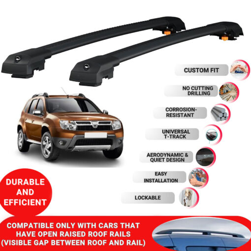 Lockable Roof Bars fit Raised Rails For Dacia Duster (Hs) 2010-2013; Heavy Duty Aluminum Roof Rails Cross Bar, Ideal Car Roof Rack Bars for Luggage 2 Pcs Rail Carrier (Black) - Image 2