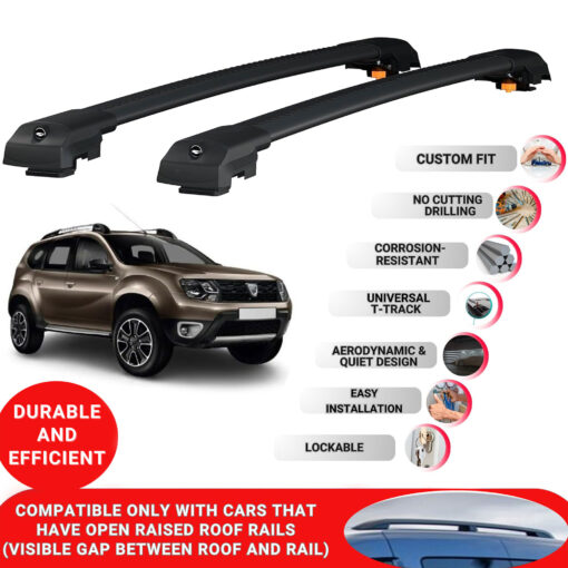 Lockable Roof Bars fit Raised Rails For Dacia Duster 2014-2017; Heavy Duty Aluminum Roof Rails Cross Bar, Ideal Car Roof Rack Bars for Luggage 2 Pcs Rail Carrier (Black) - Image 2