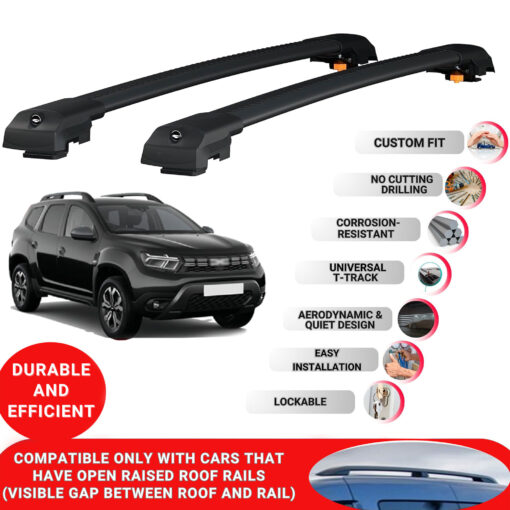 Lockable Roof Bars fit Raised Rails For Dacia Duster 2018-2023; Heavy Duty Aluminum Roof Rails Cross Bar, Ideal Car Roof Rack Bars for Luggage 2 Pcs Rail Carrier (Black) - Image 2