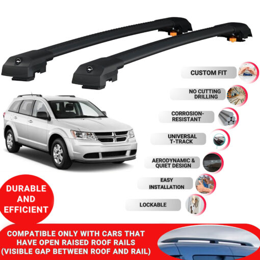 Lockable Roof Bars fit Raised Rails For Dodge Journey 2009-2024; Heavy Duty Aluminum Roof Rails Cross Bar, Ideal Car Roof Rack Bars for Luggage 2 Pcs Rail Carrier (Black) - Image 2