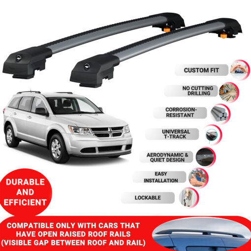 Lockable Roof Bars fit Raised Rails For Dodge Journey 2009-2024; Heavy Duty Aluminum Roof Rails Cross Bar, Ideal Car Roof Rack Bars for Luggage 2 Pcs Rail Carrier (Grey) - Image 2