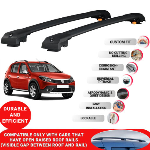 Lockable Roof Bars fit Raised Rails For Dacia Sandero Stepway (BS) 2007-2012; Heavy Duty Aluminum Roof Rails Cross Bar, Ideal Car Roof Rack Bars for Luggage 2 Pcs Rail Carrier (Black) - Image 2