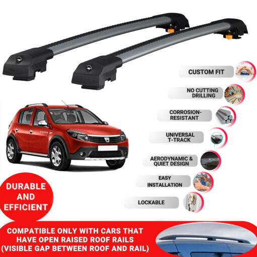 Lockable Roof Bars fit Raised Rails For Dacia Sandero Stepway (BS) 2007-2012; Heavy Duty Aluminum Roof Rails Cross Bar, Ideal Car Roof Rack Bars for Luggage 2 Pcs Rail Carrier (Grey) - Image 2