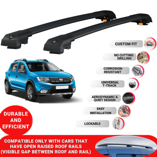 Lockable Roof Bars fit Raised Rails For Dacia Sandero Stepway (B8) 2013-2020; Heavy Duty Aluminum Roof Rails Cross Bar, Ideal Car Roof Rack Bars for Luggage 2 Pcs Rail Carrier (Black) - Image 2