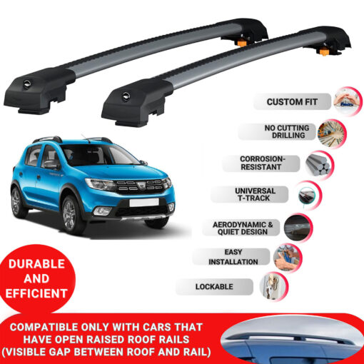 Lockable Roof Bars fit Raised Rails For Dacia Sandero Stepway (B8) 2013-2020; Heavy Duty Aluminum Roof Rails Cross Bar, Ideal Car Roof Rack Bars for Luggage 2 Pcs Rail Carrier (Grey) - Image 2