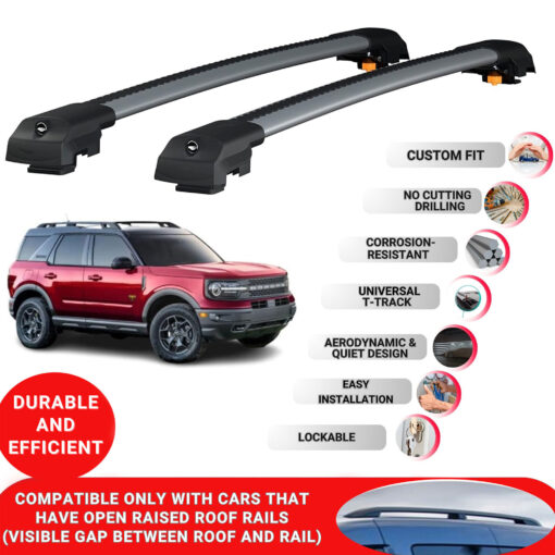 Lockable Roof Bars fit Raised Rails For Ford Bronco Sport (Cx430) 2021-Onwards; Heavy Duty Aluminum Roof Rails Cross Bar, Ideal Car Roof Rack Bars for Luggage 2 Pcs Rail Carrier (Grey) - Image 2