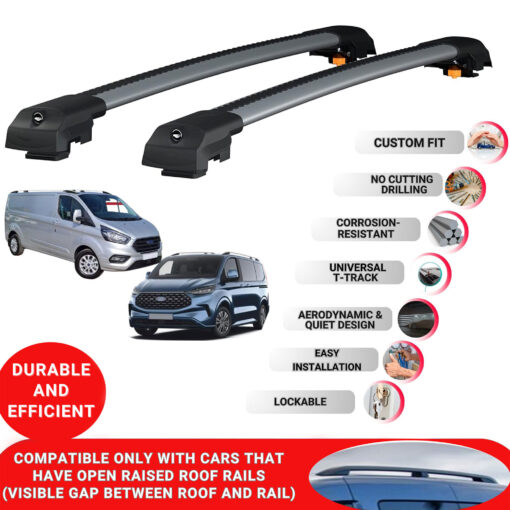 Lockable Roof Bars fit Raised Rails For Ford Custom 2012-2023; Heavy Duty Aluminum Roof Rails Cross Bar, Ideal Car Roof Rack Bars for Luggage 2 Pcs Rail Carrier (Grey) - Image 2