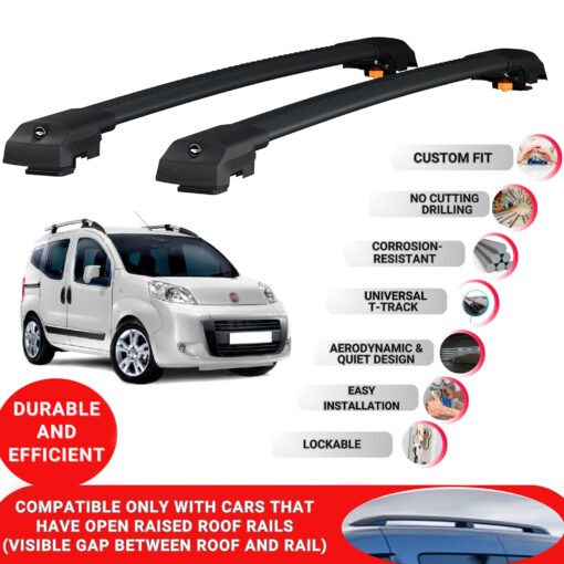 Lockable Roof Bars fit Raised Rails For Fiat Fiorino 2008-2024; Heavy Duty Aluminum Roof Rails Cross Bar, Ideal Car Roof Rack Bars for Luggage 2 Pcs Rail Carrier (Black) - Image 2