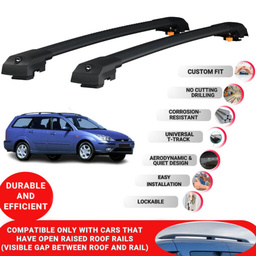 Lockable Roof Bars fit Raised Rails For Ford Focus Estate (C170) 1998-2004; Heavy Duty Aluminum Roof Rails Cross Bar, Ideal Car Roof Rack Bars for Luggage 2 Pcs Rail Carrier (Black) - Image 2