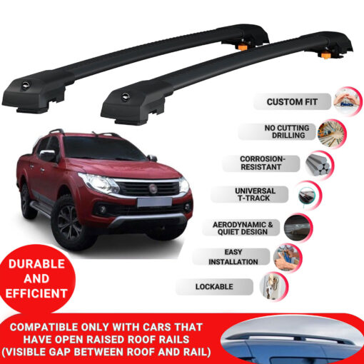 Lockable Roof Bars fit Raised Rails For Fiat Fullback 2016-2020; Heavy Duty Aluminum Roof Rails Cross Bar, Ideal Car Roof Rack Bars for Luggage 2 Pcs Rail Carrier (Black) - Image 2