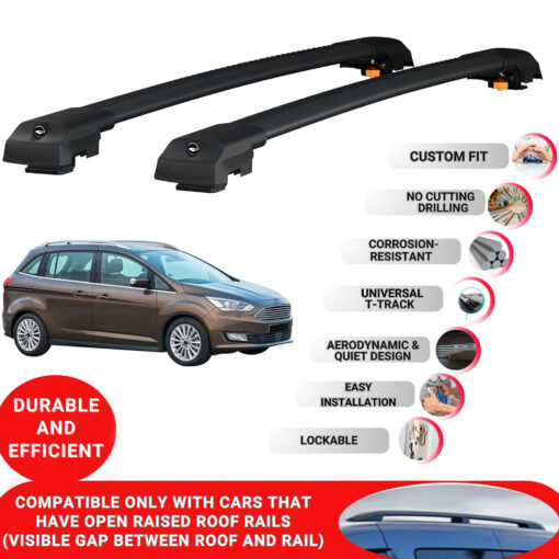 Lockable Roof Bars fit Raised Rails For Ford Grand C-Max 2011-2019; Heavy Duty Aluminum Roof Rails Cross Bar, Ideal Car Roof Rack Bars for Luggage 2 Pcs Rail Carrier (Black) - Image 2