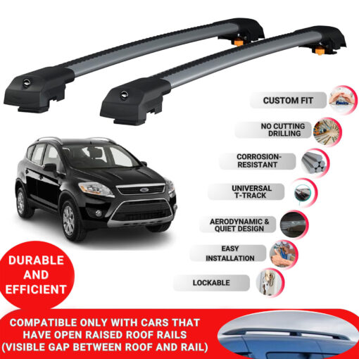 Lockable Roof Bars fit Raised Rails For Ford Kuga (C394) 2008-2012; Heavy Duty Aluminum Roof Rails Cross Bar, Ideal Car Roof Rack Bars for Luggage 2 Pcs Rail Carrier (Grey) - Image 2