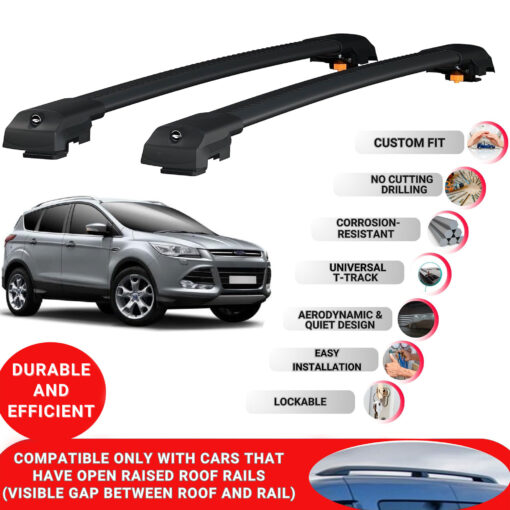 Lockable Roof Bars fit Raised Rails For Ford Kuga (C520) 2013-2019; Heavy Duty Aluminum Roof Rails Cross Bar, Ideal Car Roof Rack Bars for Luggage 2 Pcs Rail Carrier (Black) - Image 2